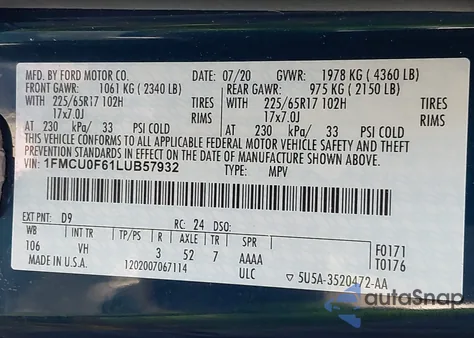 2020 Ford Escape S z USA, uszkodzony, nr VIN 1FMCU0F61LUB57932